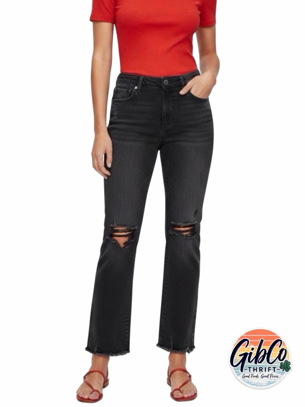 Black Distressed Cropped Ankle Jeans - Size Medium